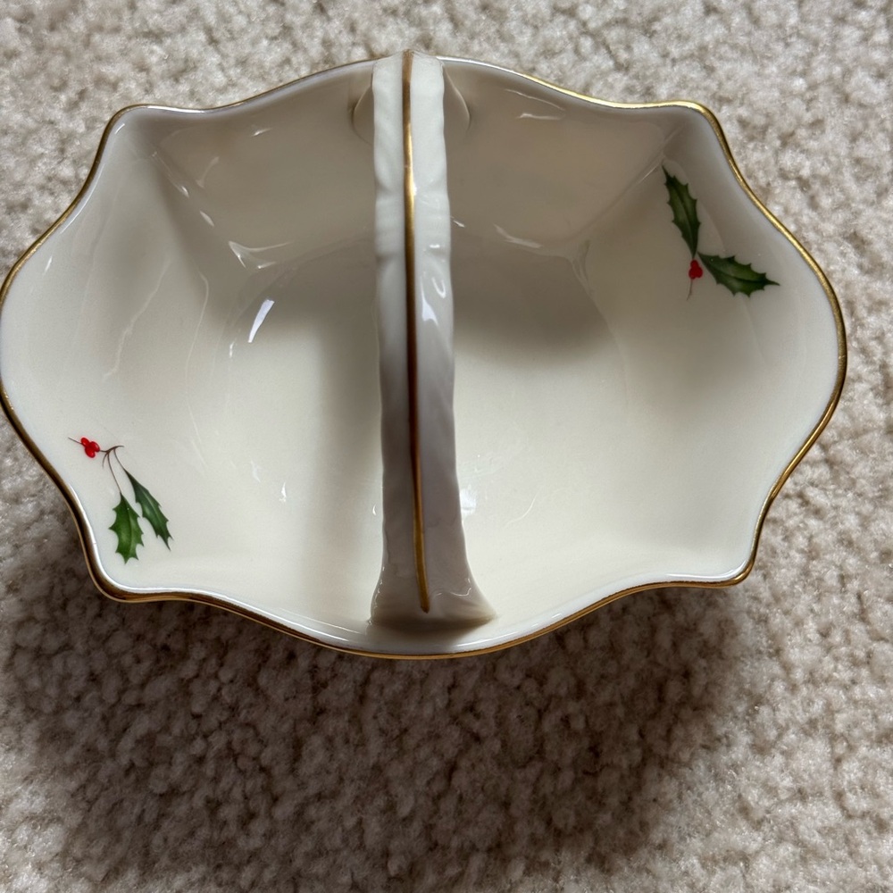 Lenox Cream and Gold Dish with Holly Accents